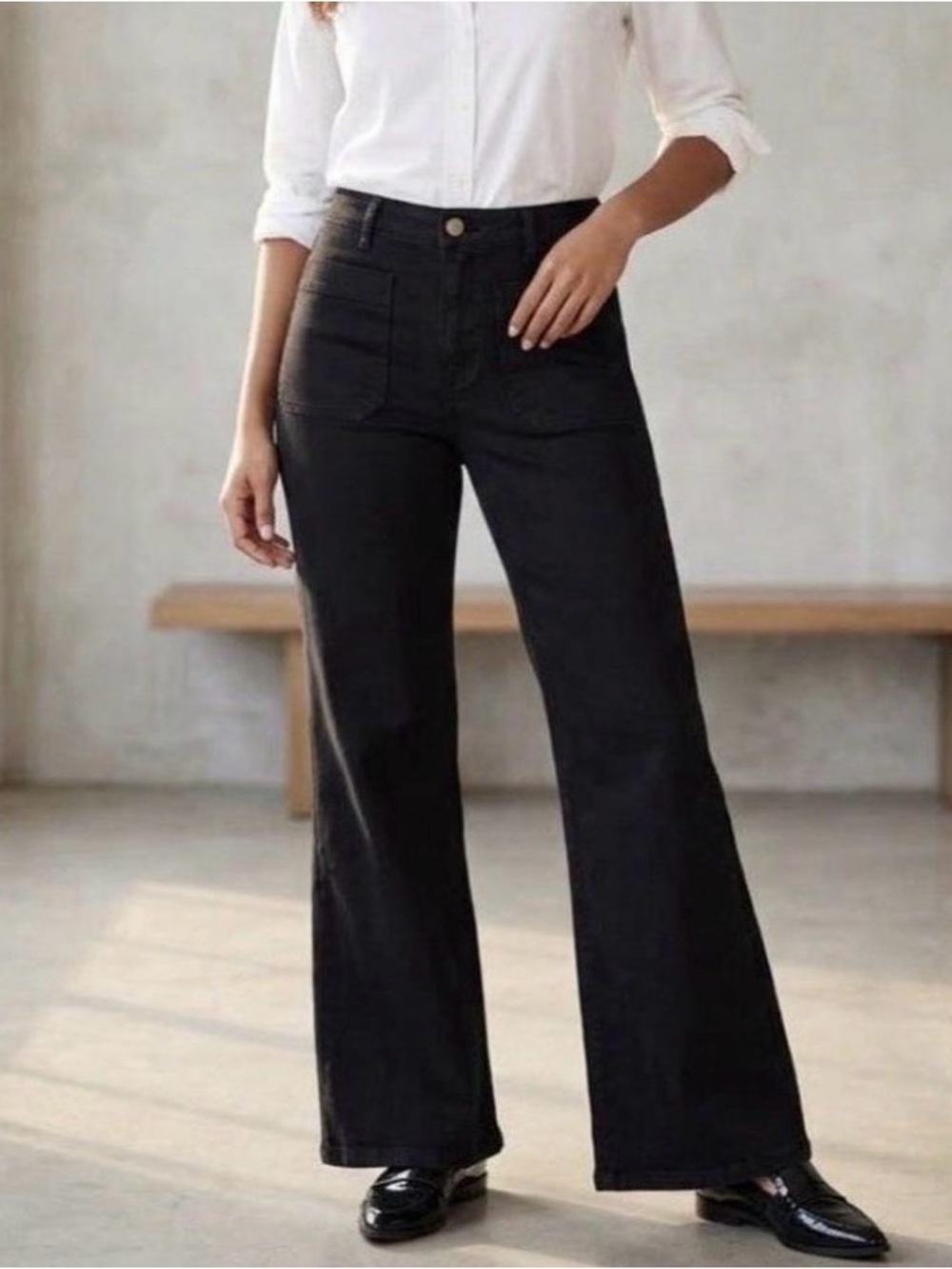Marine Layer Black Bridget Cotton Twill High Rise Wide Leg Flared Pants Size 12 - Picture 9 of 9